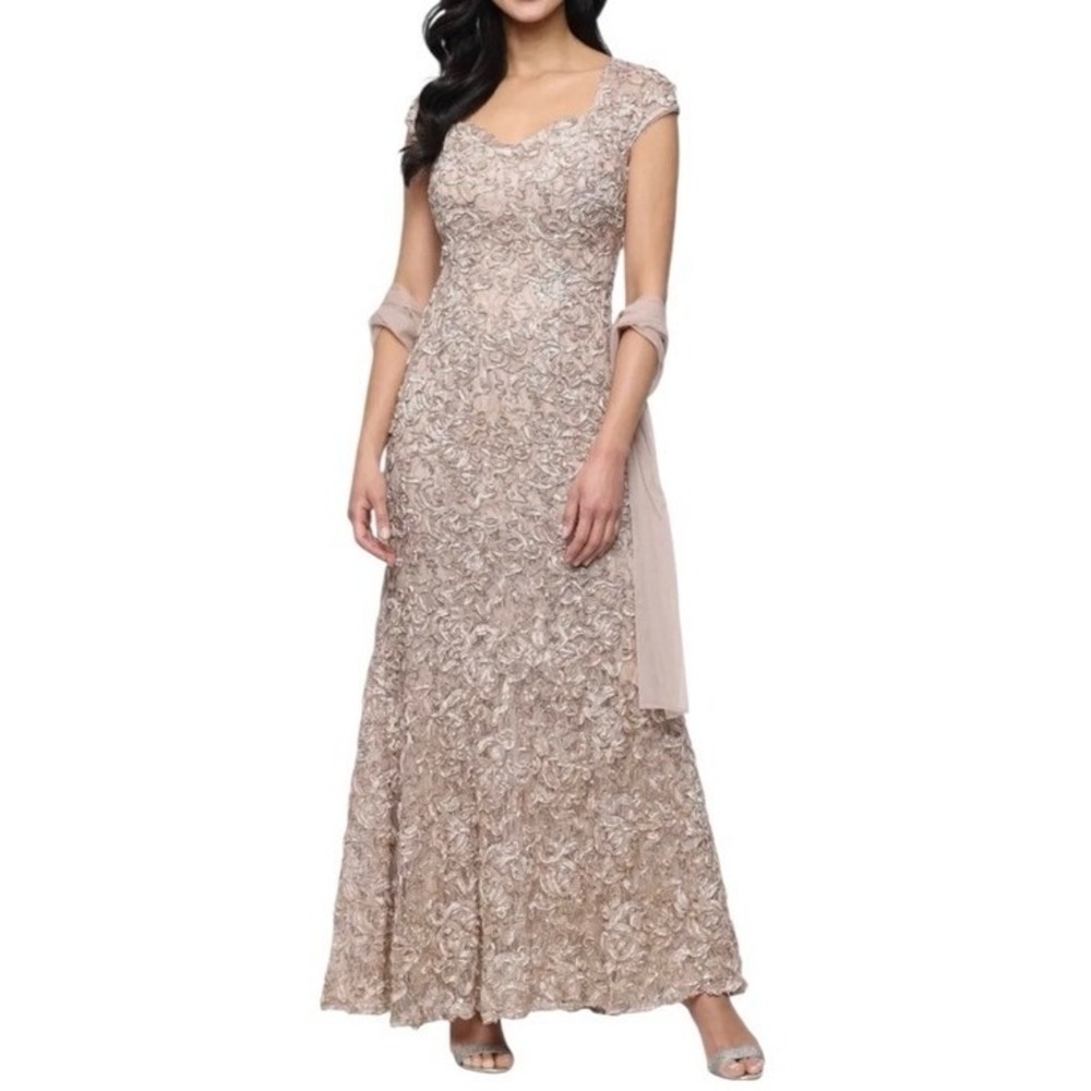 Alex Evening's Women's Champagne Sequin Fabric Maxi Dress With Shawl Size‎ 12